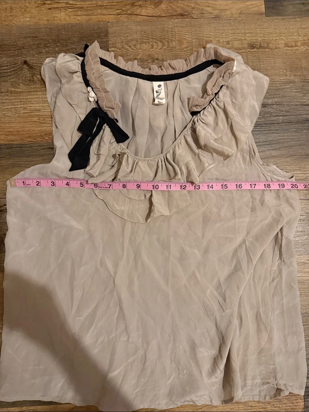 Floreat by Anthropologie Beige Ruffle Silk Camisole with Black Bow Accent